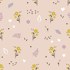 Delicate naive seamless pattern with small flowers, leaves and hearts on a pink background. Print for baby bed linen, fabric, textile, wallpaper, wrapping paper.