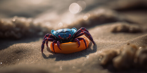 Fototapeta na wymiar A cute little crab on a sandy beach sits in a toy inflatable circle. Creative concept for a summer beach vacation, sea entertainment. Generative AI professional photo imitation.