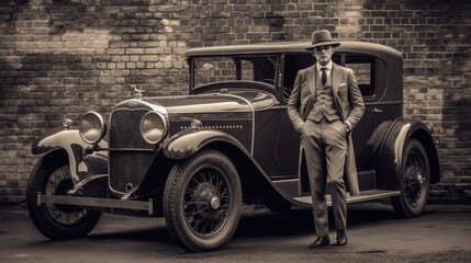 vintage car with a man in tweed suit in sepia - Generative AI - obrazy, fototapety, plakaty