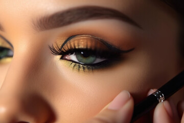 Woman having make up done by a professional make up artist. Close up image. AI generative.