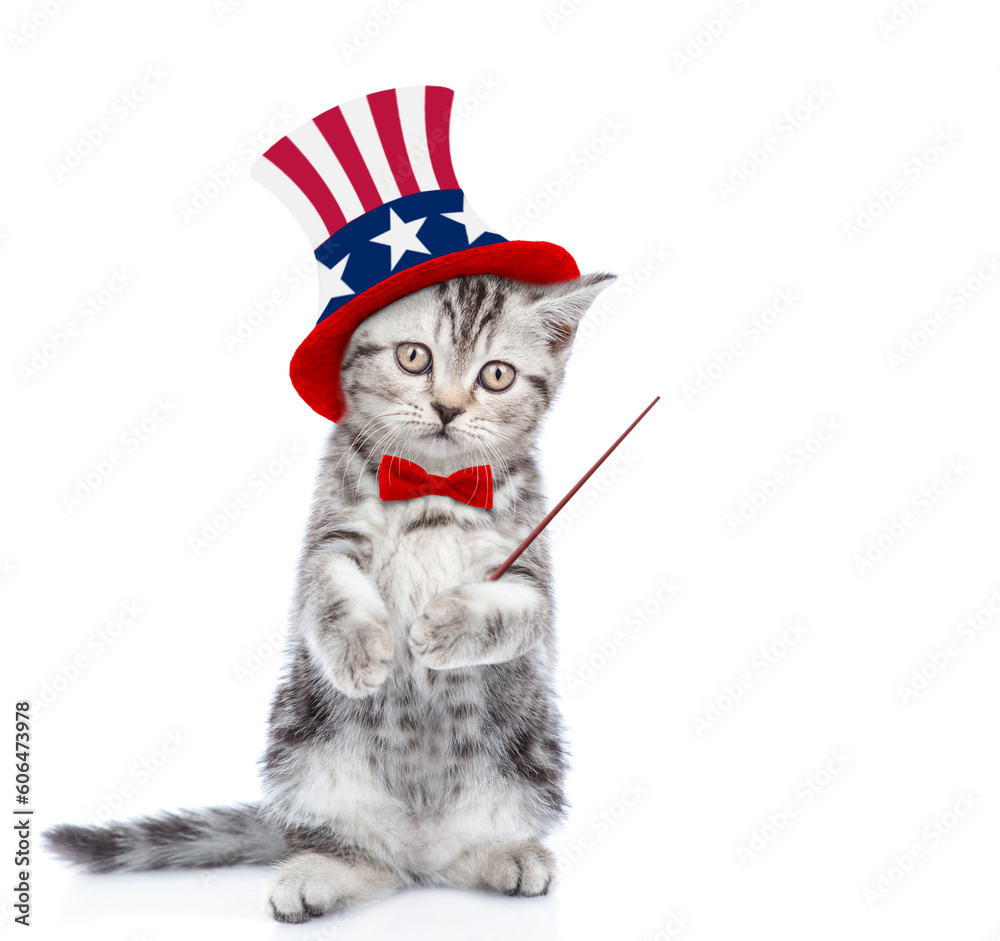 Poster cute kitten wearing like uncle sam points away on empty space. isolated on white background