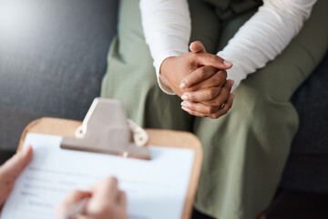 Woman, hands and therapist writing on clipboard in consultation for mental health, psychology or healthcare. Hand of female person or psychologist consulting patient with anxiety or stress in therapy - Powered by Adobe