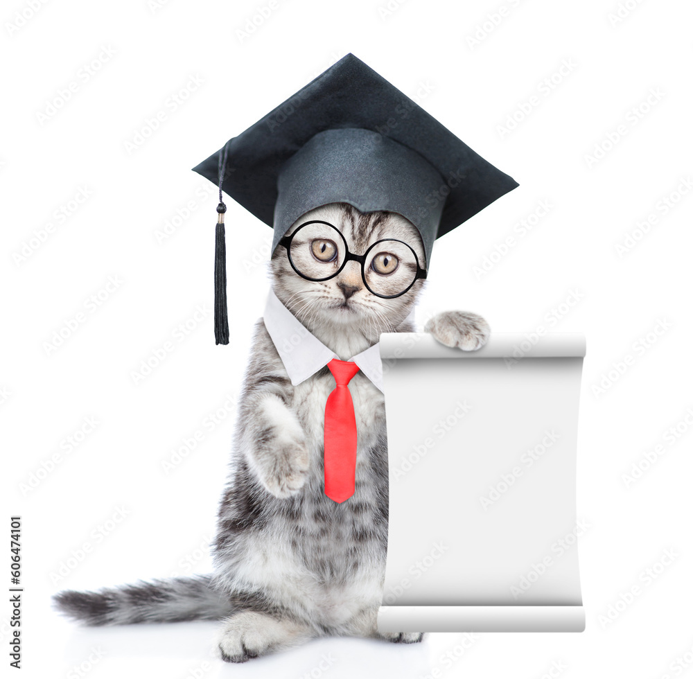 Poster happy graduated cat wearing necktie standing on hind legs and shows empty list. isolated on white ba