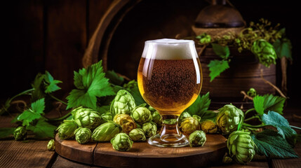 Glass of beer on wooden table with branch of fresh hops, still life. October fest banner. AI generative