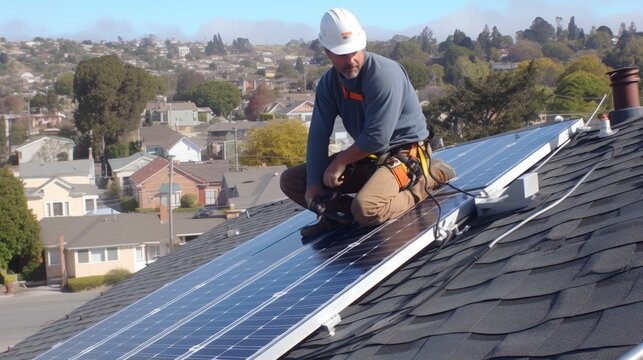 Candid Photo Of A Solar Power Consultant Expert On A Roof Installing Solar Panels, Green Energy And Sustainable Living, Eco-friendly Solutions, Generative Ai