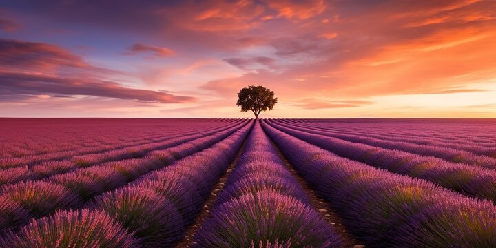 A golden sunset over a vast lavender field, with a single, lonely tree silhouetted against the vibrant colors, concept of Natural beauty, created with Generative AI technology