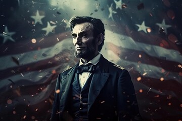 Obraz na płótnie Canvas Dramatic Colorized Photo of Abraham Lincoln Standing in Front of American Flag for Promotional Images, Generated AI