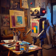 Robot artist next to his easel, working in his workshop.