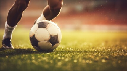 Legs shot of soccer player training in sports field. AI generative.