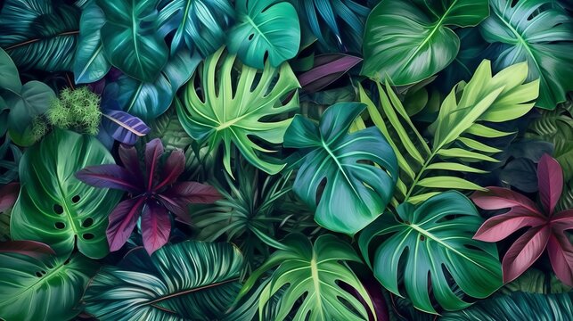 Lush tropical leaves background. AI generative.