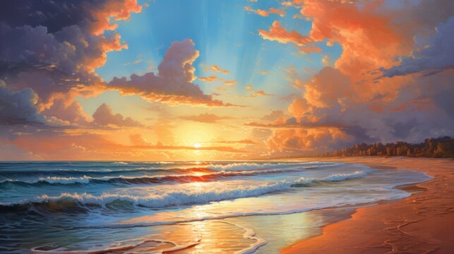 Oil painting illustration depicting a serene scene sun. AI generative.