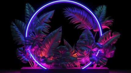 Fototapeta na wymiar Purple circular neon light with tropical leaves. AI generative.
