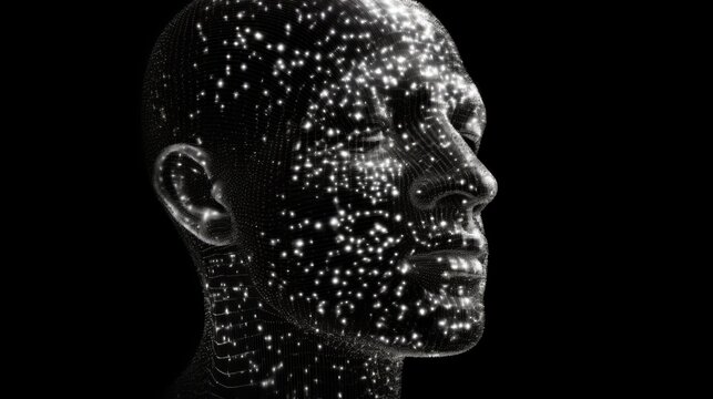 Silhouette of a 3d human head made of dots and particles. Concept of Artificial intelligence and Neural Network. AI generative.