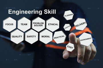 Engineer hand pointing to the egineering skill must have in the new engineer. Training new comer...