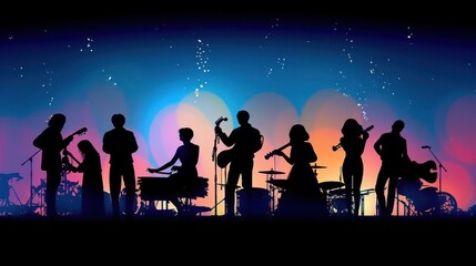 Fototapeta na wymiar Silhouette of rock band playing, music under the night starry night