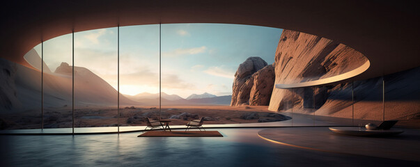 Generative AI illustration of futuristic modern cave building with chairs looking at rocky cliff walls with circular open space with sky on background