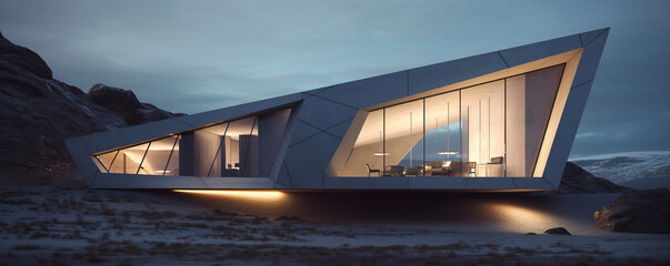Generative AI illustration of lighted futuristic modern trapeze building located in rocky mountainous area against cloudy evening sky in winter