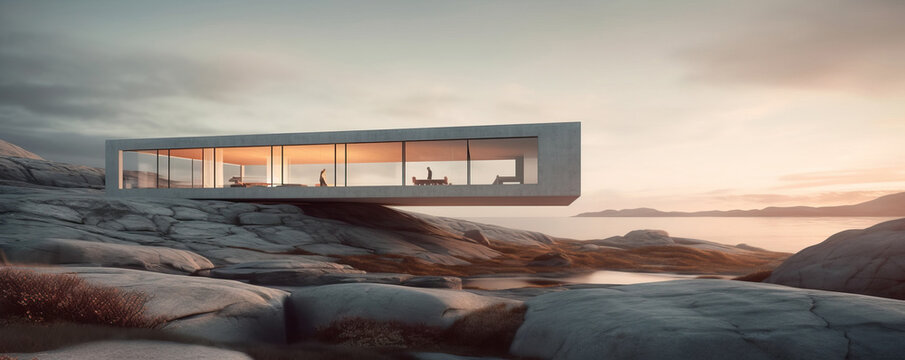 Generative AI illustration of exterior of illuminated modern futuristic cubical building with glassy facade located on shore of lake with cloudy sky