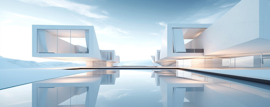 Generative AI illustration of futuristic modern residence in long glass box form suspended over swimming pool against blue sky background