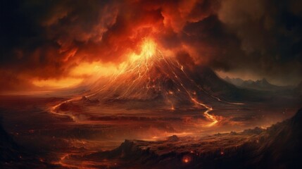 Dark fantasy mountain landscape fire in the hills volcano. AI generative.