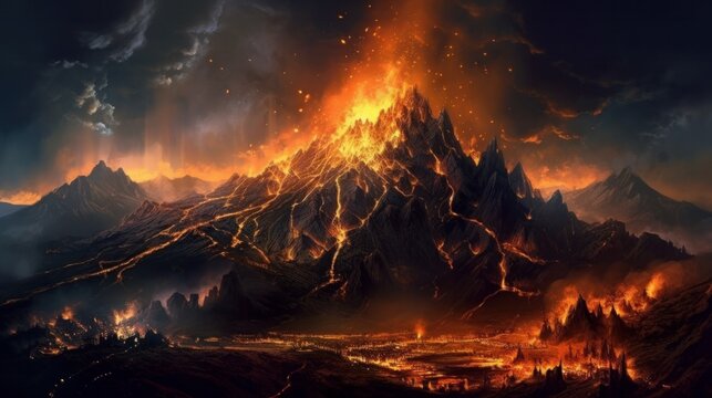 Dark fantasy mountain landscape fire in the hills volcano. AI generative.