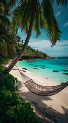 Fototapeta premium Phone wallpaper of white sand beach with hammock. Generative AI