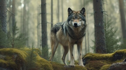 Portrait of wolf standing in the forest. AI generative.