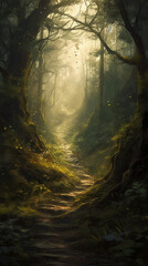 Phone wallpaper forest landscape with sunlight. Generative AI
