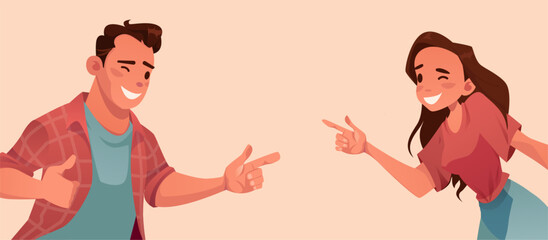 Vector of a funny looking woman and a man joking with each other, laughing - obrazy, fototapety, plakaty