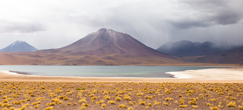 Piedras rojas in Atacama desert, colorful landscapes of a Salt Flat and the altiplano lakes with black volcanos at the background, situated in the heart of the Chilean altiplano