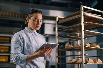 a woman baker in a uniform near the shelves with freshly baked bread holds a tablet in her hands...