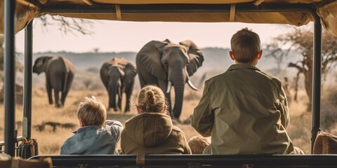 A family watching a herd of elephants from their safari vehicle in the african savannah, concept of Biodiversity conservation, created with Generative AI technology - obrazy, fototapety, plakaty