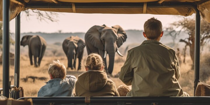 Fototapeta A family watching a herd of elephants from their safari vehicle in the african savannah, concept of Biodiversity conservation, created with Generative AI technology