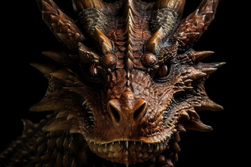 An AI generated illustration of a dragon's head against a black background. The dragon is known as a mythical creature from myths, sagas, legends and fairy tales of many cultures; until modern times