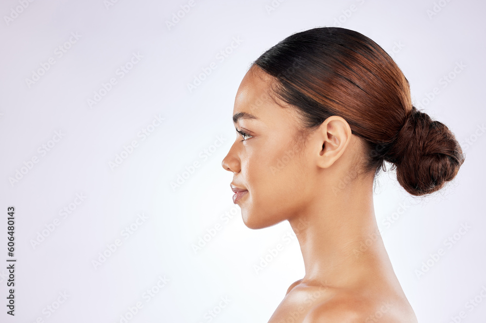 Poster Beauty, skincare and space with profile of woman in studio for mockup, natural and cosmetics. Self care, glow and spa with face of female model on white background for wellness, salon and makeup