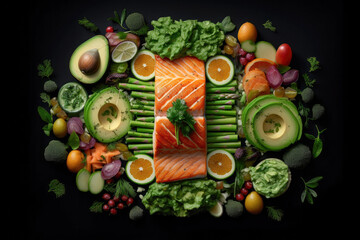 Close up of a salmon with avocado dish isolated. Healthy food lifestyle. Knolling shot.