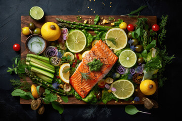 Fototapeta na wymiar Close up of a salmon with avocado dish isolated. Healthy food lifestyle. Knolling shot.