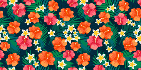 Tropical floral seamless pattern with bright hibiscus, white, yellow frangipani and dark color fern leaves background illustration. Hawaii style fabric print design - 606480189