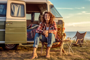 Beautiful girl sitting in front of her camper caravan on a summer day on vacation - obrazy, fototapety, plakaty