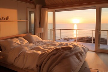 Serene Bedroom with Cozy Duvet, Plush Pillows, and Idyllic Beach Views. AI