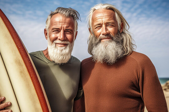 Two retirees on the beach with a surfboard