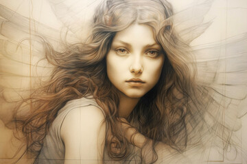 Drawing of a beautiful young woman with long hair created with Generative AI technology