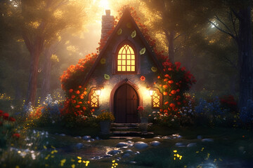 Magical fantasy fairy tale house in a magical forest. Generative AI.