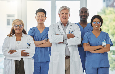 Happy portrait, arms crossed and group of doctors standing together in hospital. Face, teamwork and...