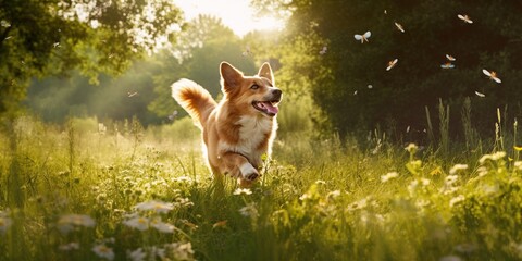 A dog happily bounds through a field, its tail wagging fiercely as it chases butterflies fluttering in the sunlight, concept of Animal behavior, created with Generative AI technology - obrazy, fototapety, plakaty