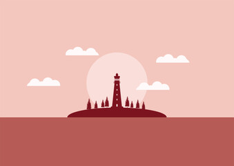 Obraz premium view of the lighthouse on the seashore with sunset or sunrise flat design vector illustration