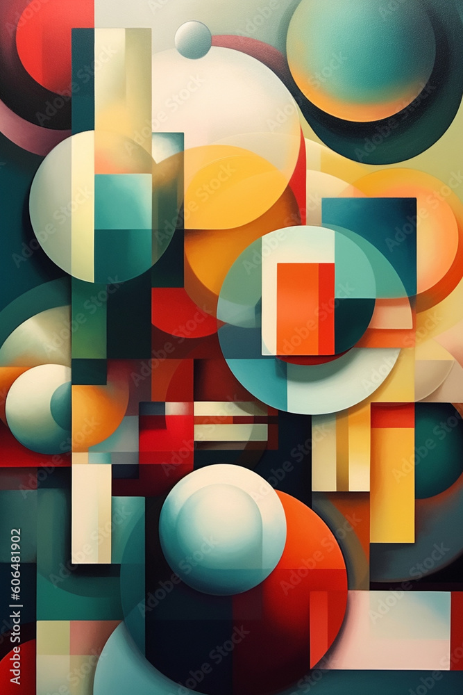 Fototapete An abstract painting featuring overlapping geometric shapes and subtle gradients, creating a harmonious and balanced composition.  Generative AI technology.