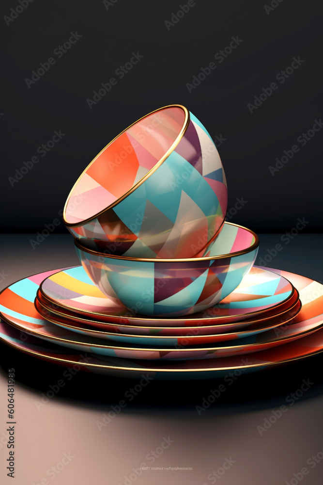 Poster a set of geometric-inspired tableware, with plates, bowls, and serving dishes featuring geometric pa