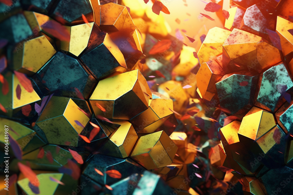 Poster A digital artwork featuring a geometric abstraction of nature, combining organic elements with geometric shapes.  Generative AI technology.