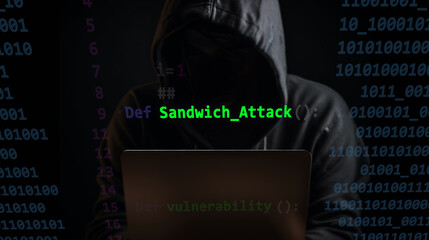 Cyber sandwich attack in text script code, code on editor screen. Pirate hoodie on the background.